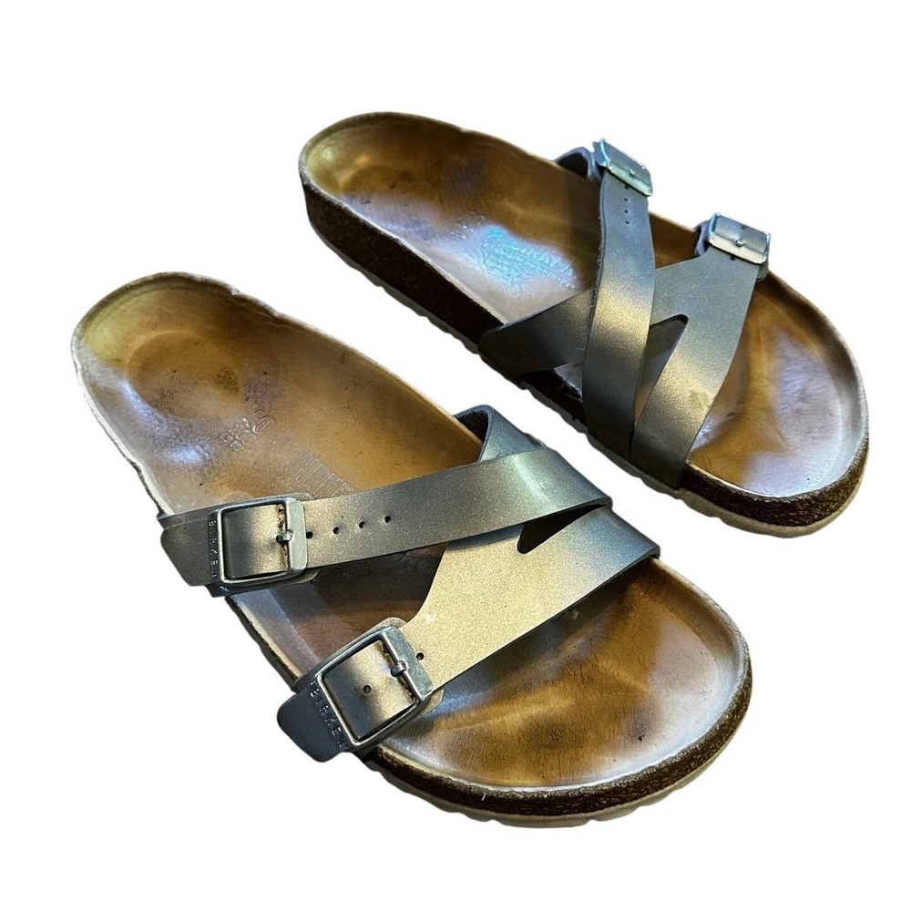 Birkenstock Yao‎ Silver Metallic Cross Strap Sandals Womens EU 40